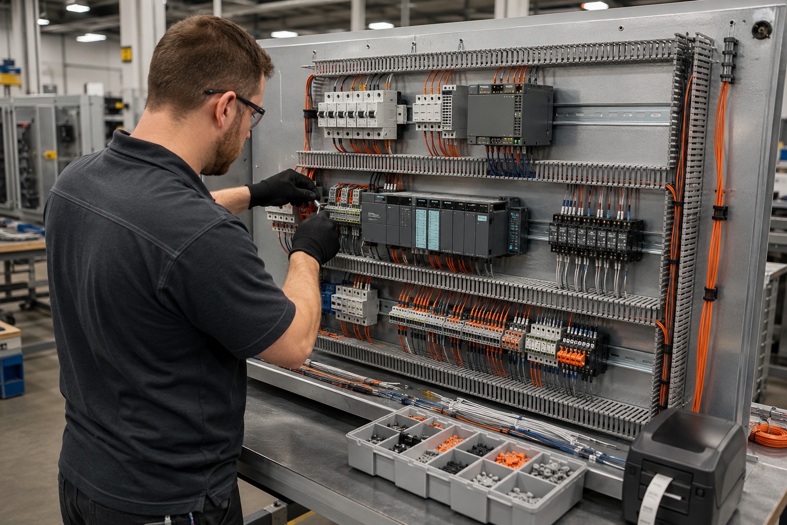 Technician wiring an industrial control panel to the approved drawing set in Las Vegas