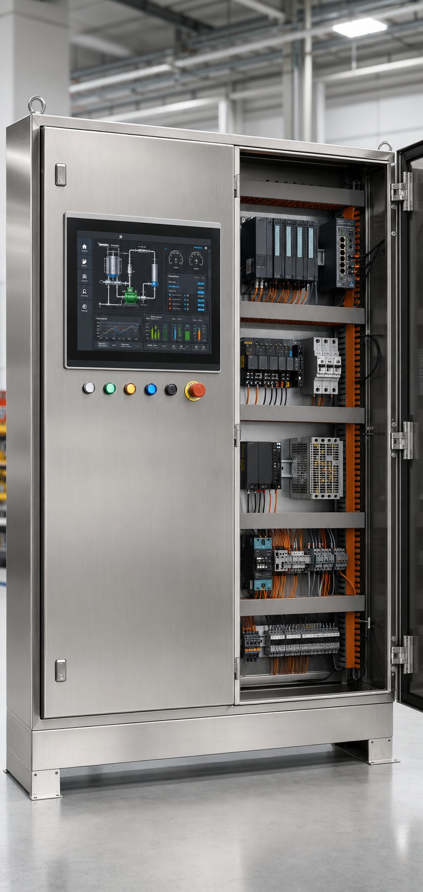 PLC enclosure with an HMI installed and field wiring routed to terminal blocks