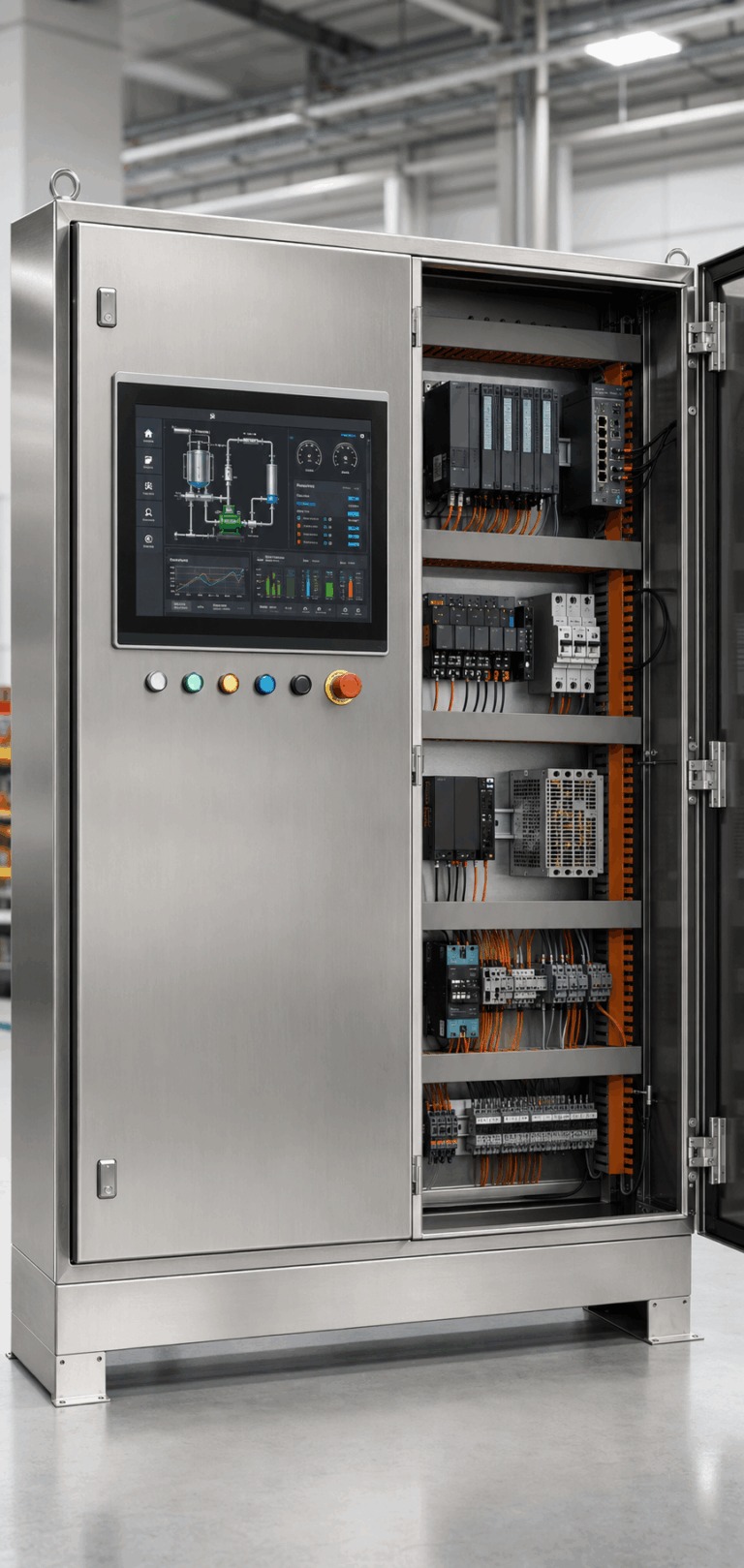 Stainless control cabinet with HMI and pilot devices crated and ready to ship