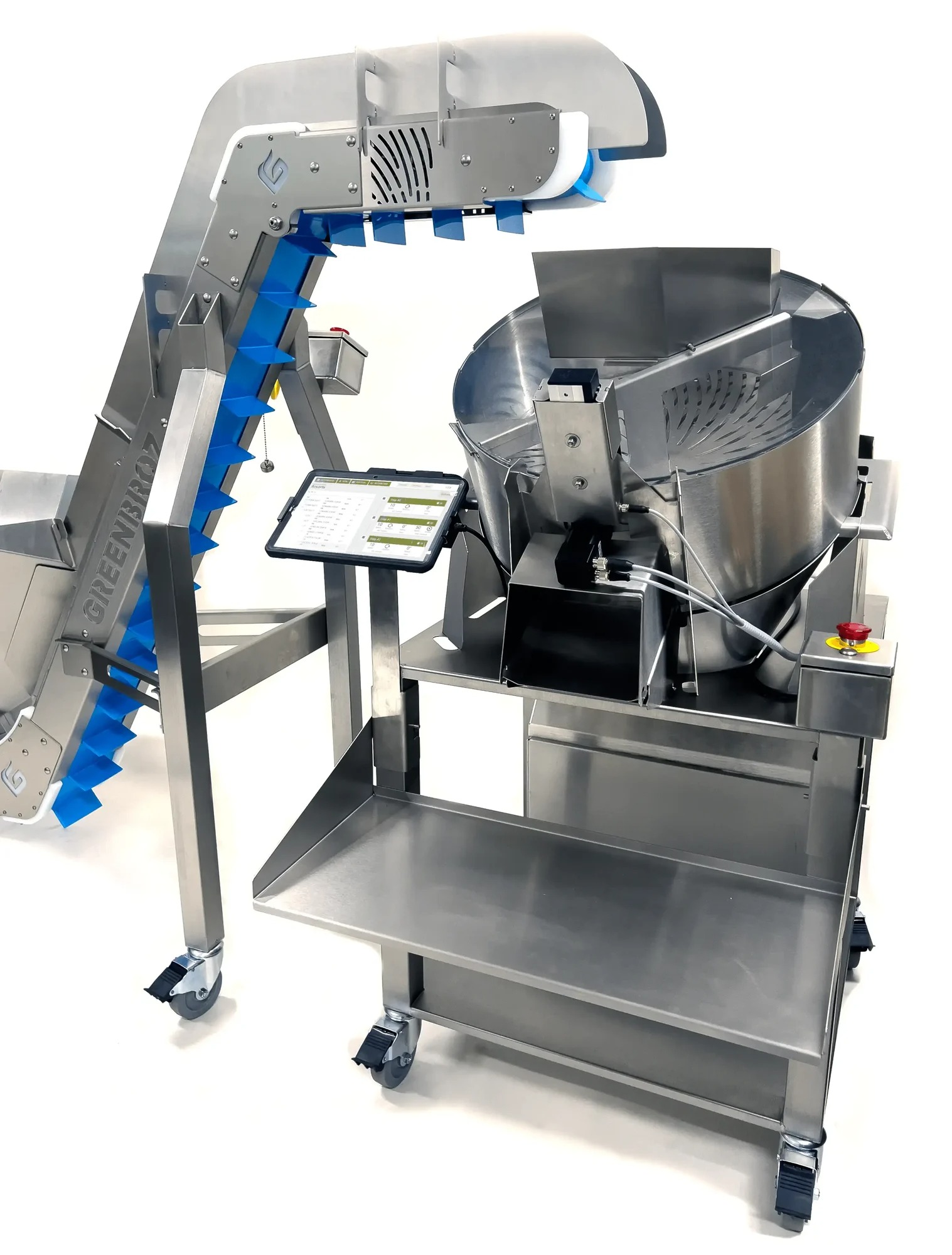 Stainless steel food processing machine with feed hopper and operator control station