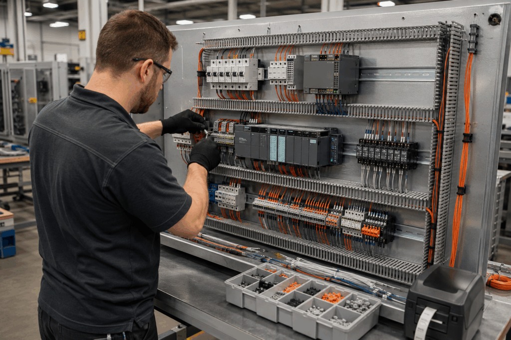 Technician terminating wires inside a UL 508A control panel at our Las Vegas shop